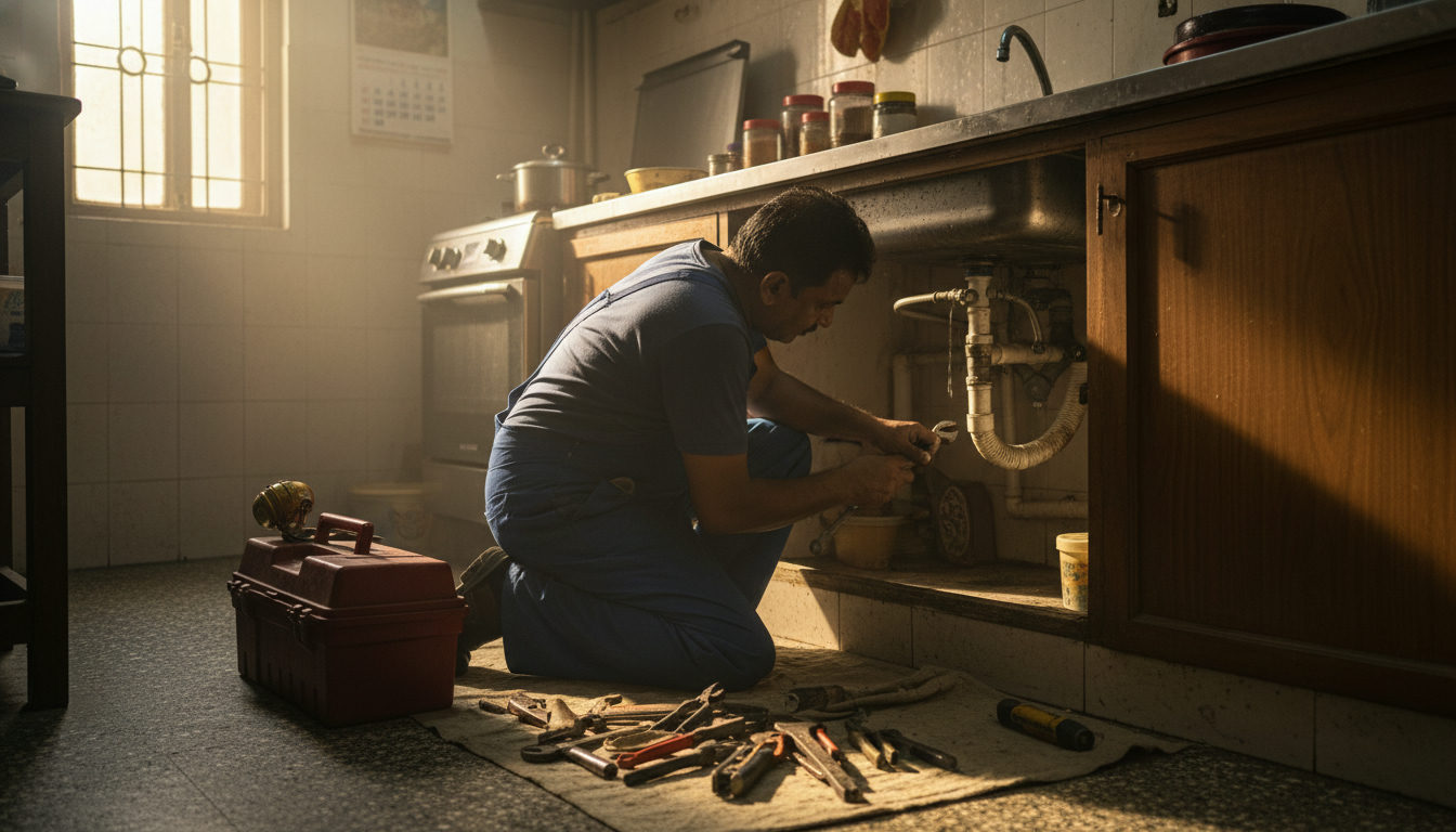 A plumber fixing a pipe under a kitchen sink in a Nagpur apartment