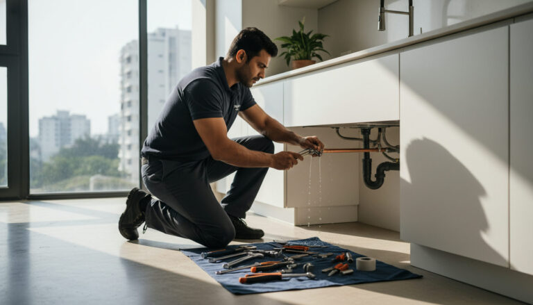 editorial a plumber repairing a leaking pipe under a kitchen sink in a modern South Delhi apartment, tools laid out neatly…