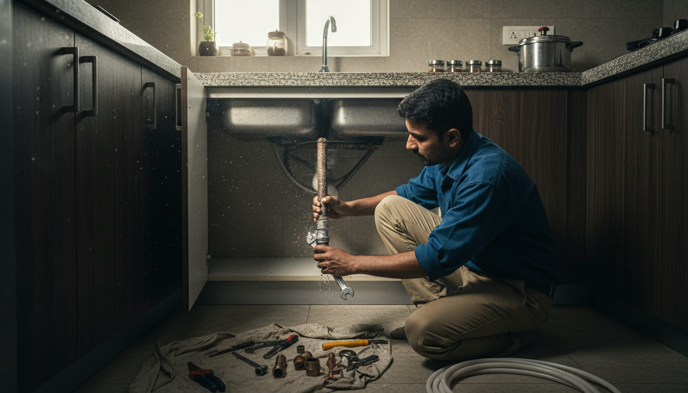 A plumber fixing a leaking pipe under a kitchen sink in a South Delhi apartment