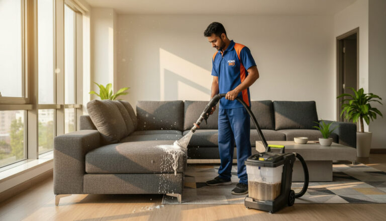 editorial a male home service technician in a uniform using a foam extraction machine to clean a large grey fabric sofa in…