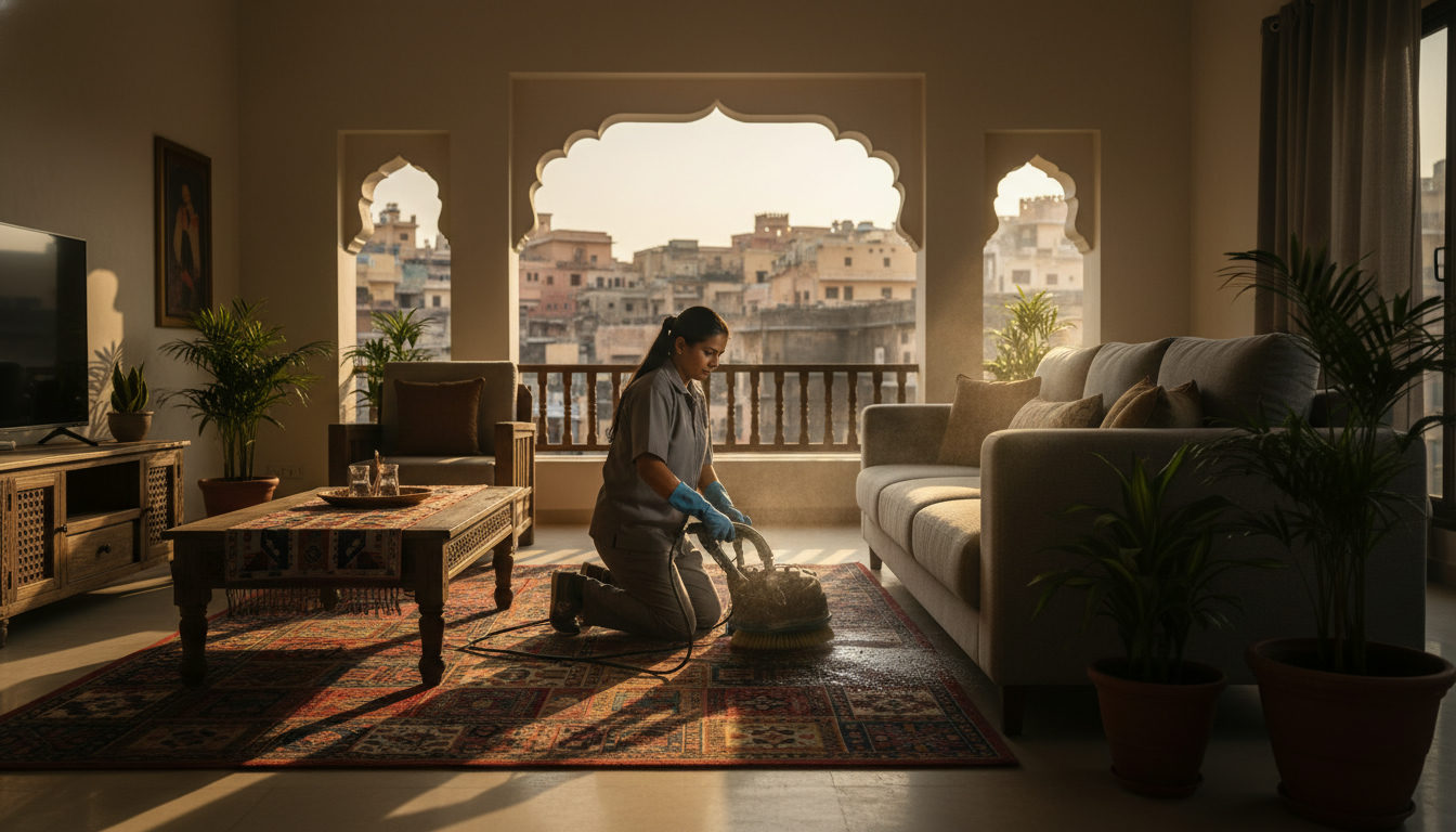 A professional sofa cleaning technician shampooing a fabric sofa in a Jaipur apartment living room