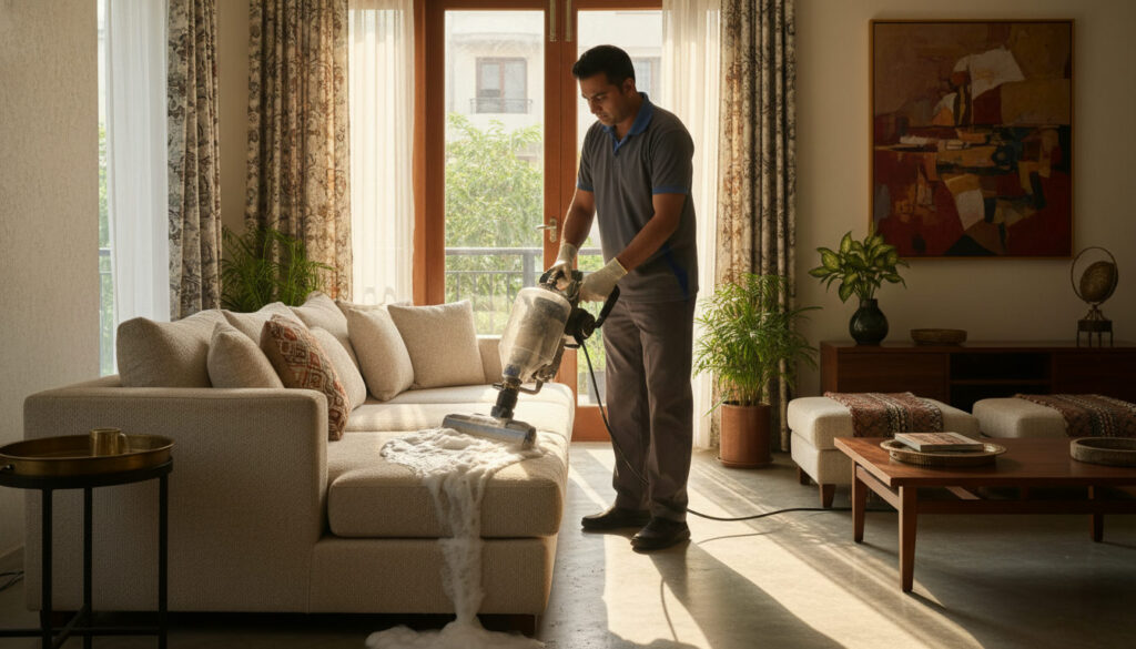 editorial a uniformed cleaner using a foam extraction machine on a large fabric sofa in a well-lit modern Indian drawing…