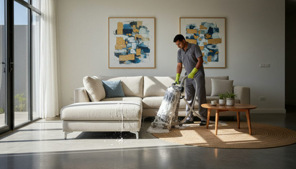 editorial a cleaner using a foam extraction machine on a large fabric sofa in a bright modern Indian living room, natural…