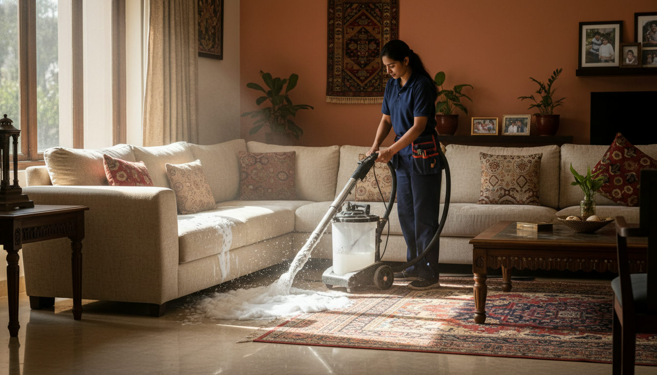 Professional sofa cleaner using foam extraction machine on fabric sofa in Nagpur living room