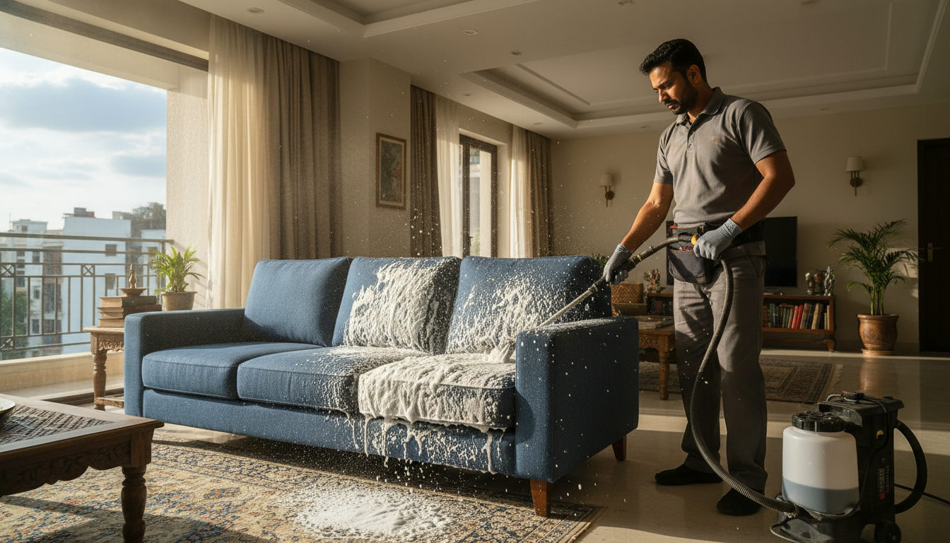 A professional sofa cleaner using a foam machine on a fabric three-seater sofa in a West Delhi apartment