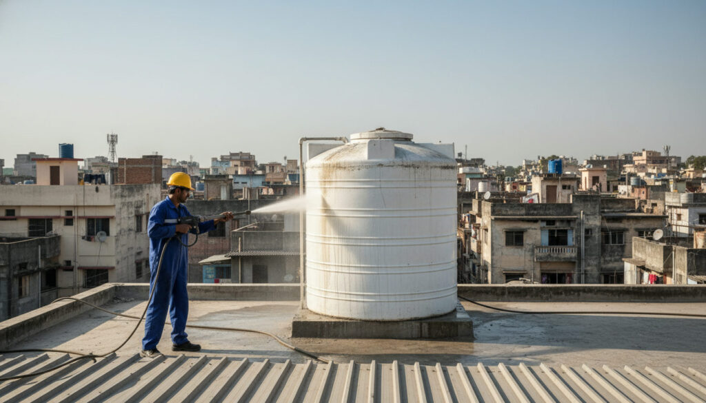 editorial a technician in a blue uniform using high-pressure cleaning equipment on a white rooftop overhead water tank in…