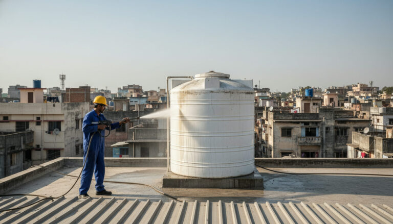 editorial a technician in a blue uniform using high-pressure cleaning equipment on a white rooftop overhead water tank in…