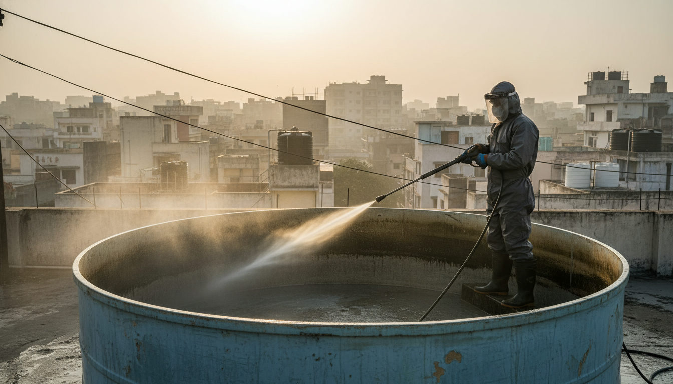 A professional water tank cleaning technician using high-pressure equipment on a rooftop overhead tank in Delhi