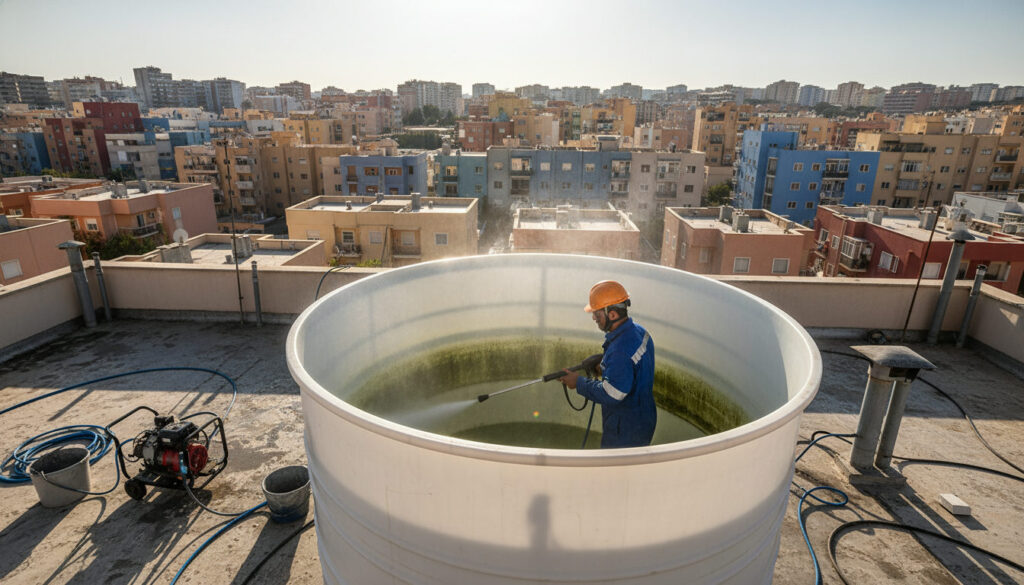 editorial a technician in blue uniform scrubbing the inside of a large white overhead water tank on a sunlit rooftop in an…