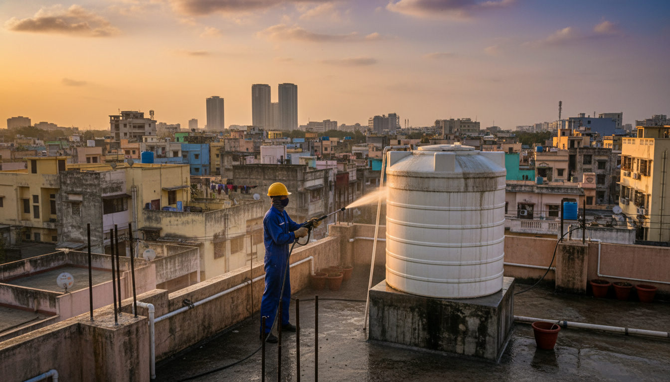 A technician cleaning an overhead water tank on a residential building rooftop in Hyderabad
