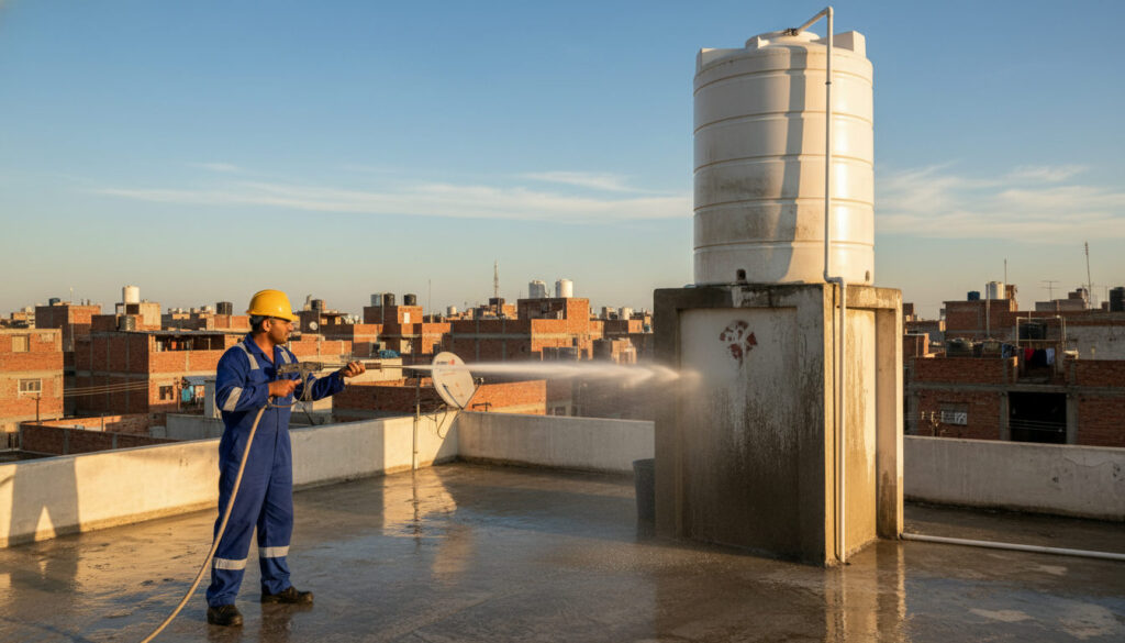 editorial a technician in work uniform cleaning a white overhead water tank on a sunny rooftop in a dense Indian…