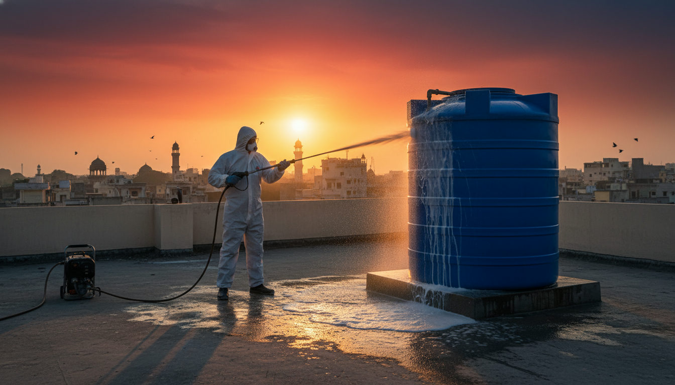A technician in Lucknow performing high-pressure water tank cleaning on a rooftop overhead tank