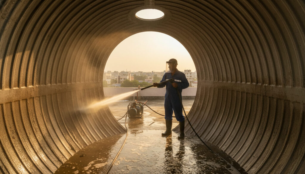 editorial a uniformed technician using high-pressure cleaning equipment inside a large residential rooftop water tank in…