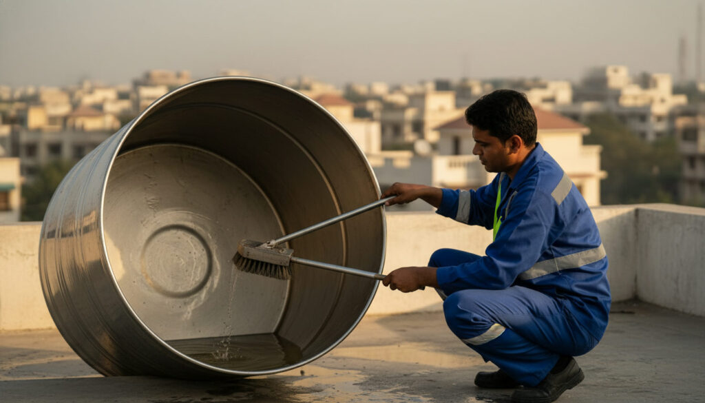 editorial a technician in work uniform crouching beside an open rooftop water tank on a Delhi apartment building rooftop at…