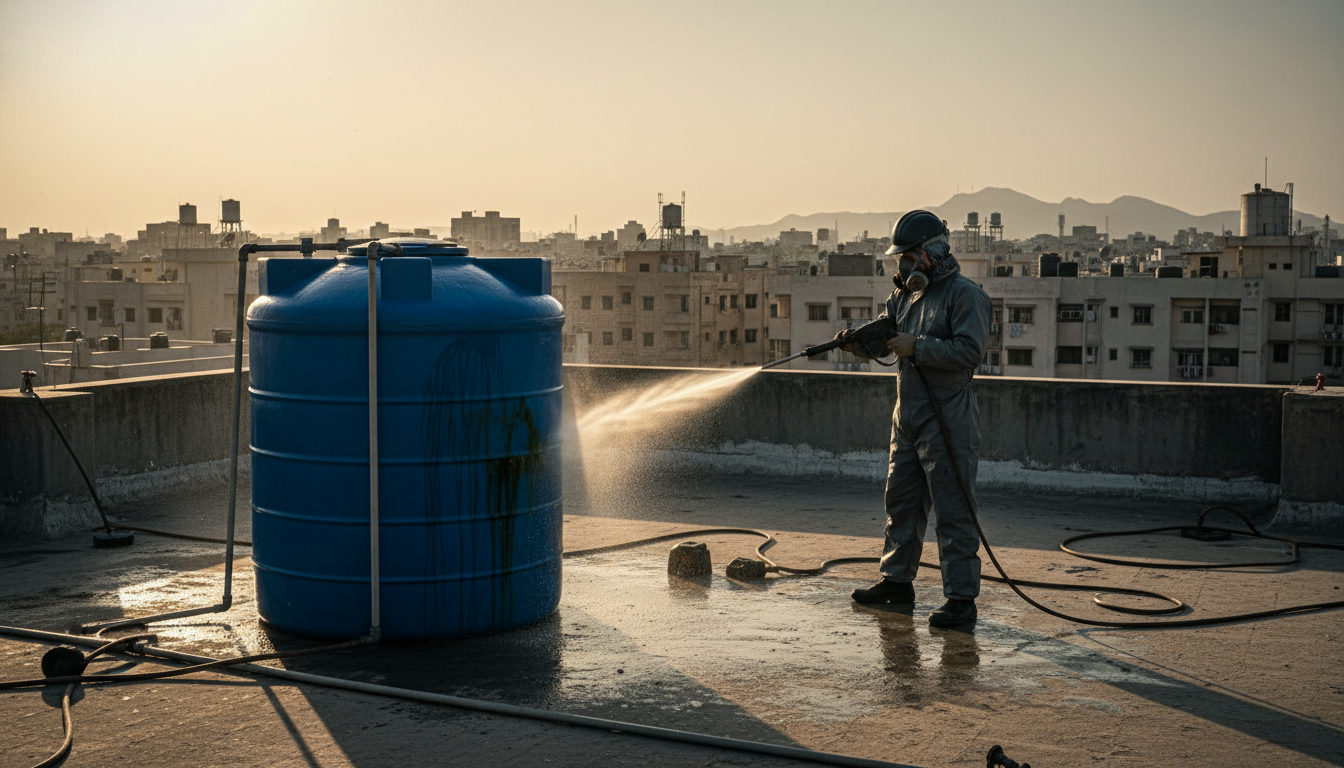 A professional technician cleaning an overhead water tank on a rooftop in Rohini, North Delhi