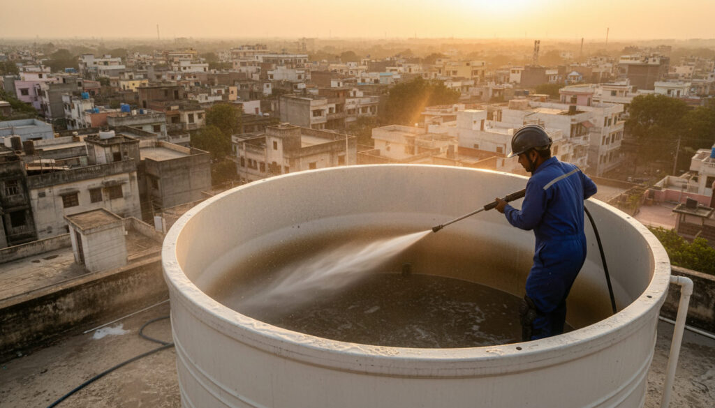 editorial a technician in a blue uniform using a high-pressure water jet to clean the inside of a large white overhead PVC…