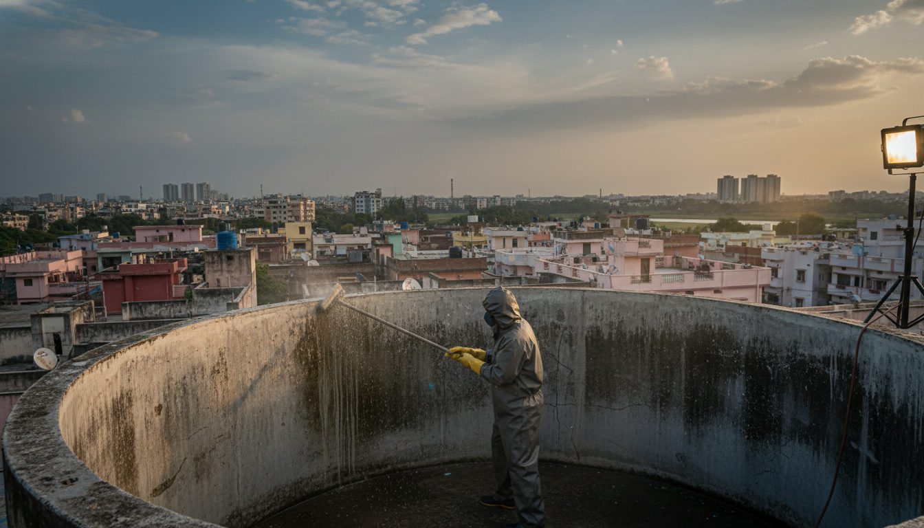 Professional water tank cleaning technician scrubbing the inside of an overhead RCC tank on a rooftop in Patna