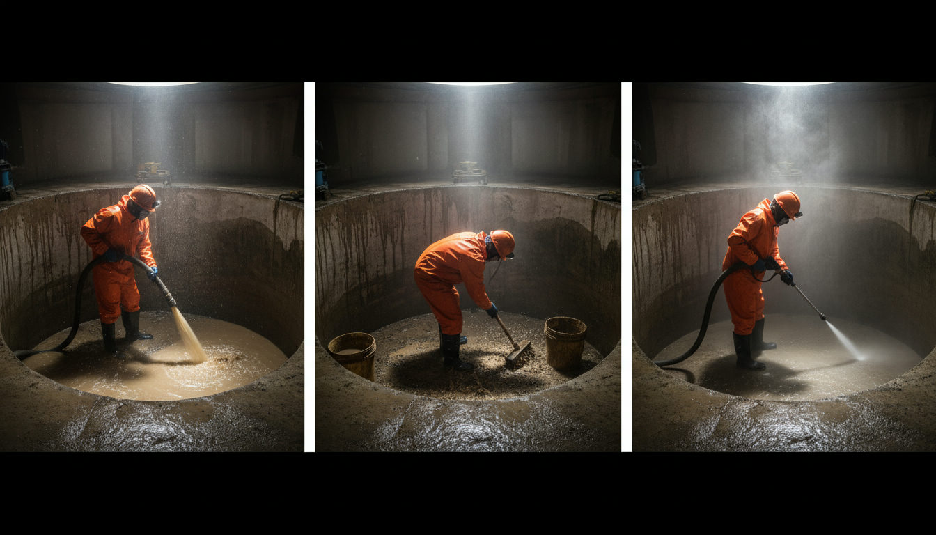 Step-by-step view of water tank cleaning process showing dewatering, scrubbing, and pressure washing inside an underground sump in Patna