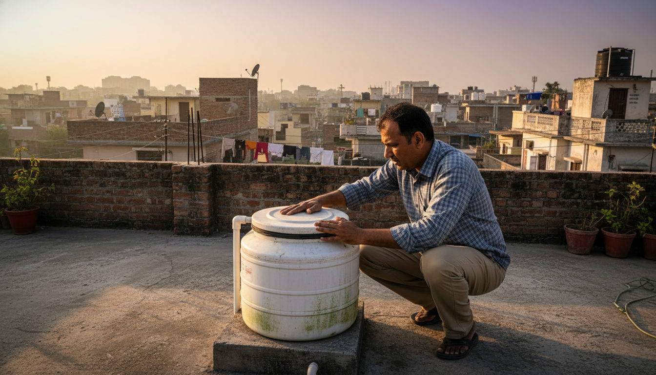 Homeowner checking the lid seal of a small rooftop PVC water tank in a Patna residential house