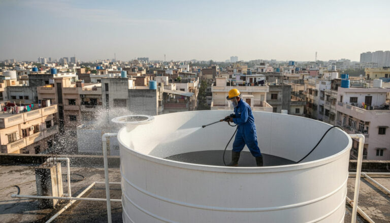 editorial a water tank cleaning technician in work overalls using a high-pressure jet hose inside a large white rooftop…
