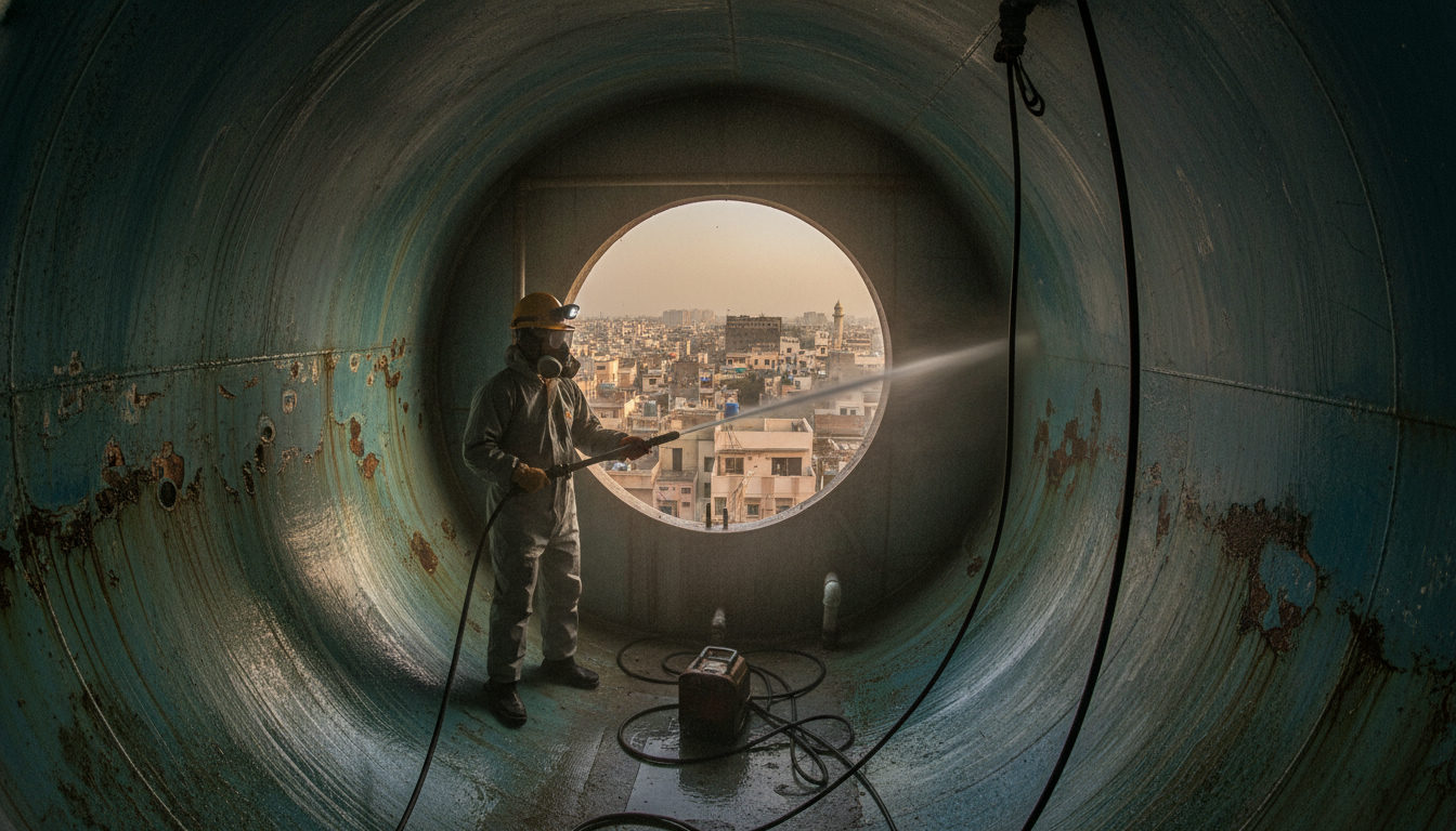 A technician performing high-pressure jet cleaning inside an overhead water tank on a Delhi rooftop