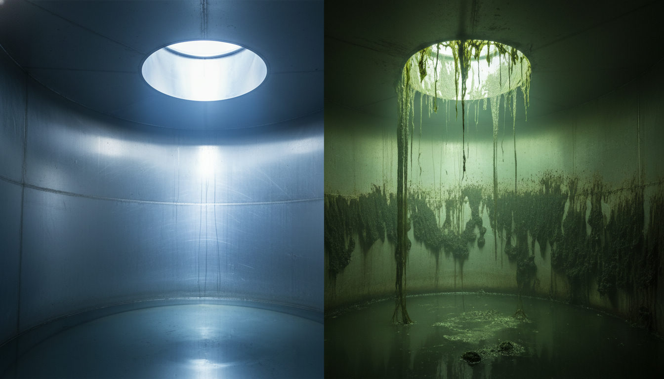 Side-by-side comparison of a clean water tank interior versus one with visible algae and sludge buildup
