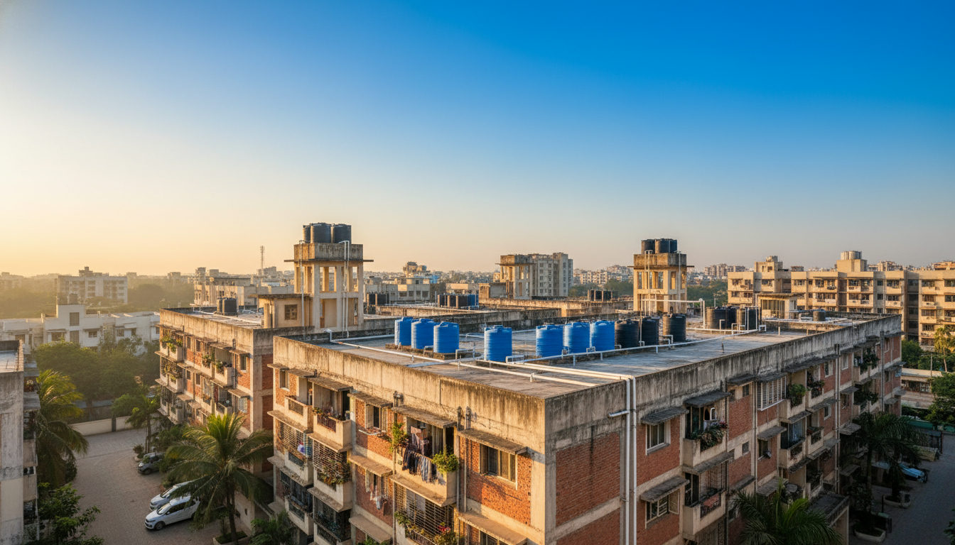 A housing society building in Dwarka West Delhi with rooftop water tanks visible on a clear morning