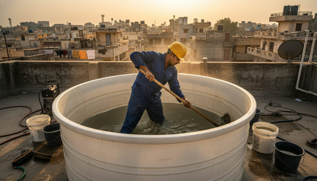editorial a technician in work clothes scrubbing the inside of a white plastic overhead water tank on a sunny Delhi…