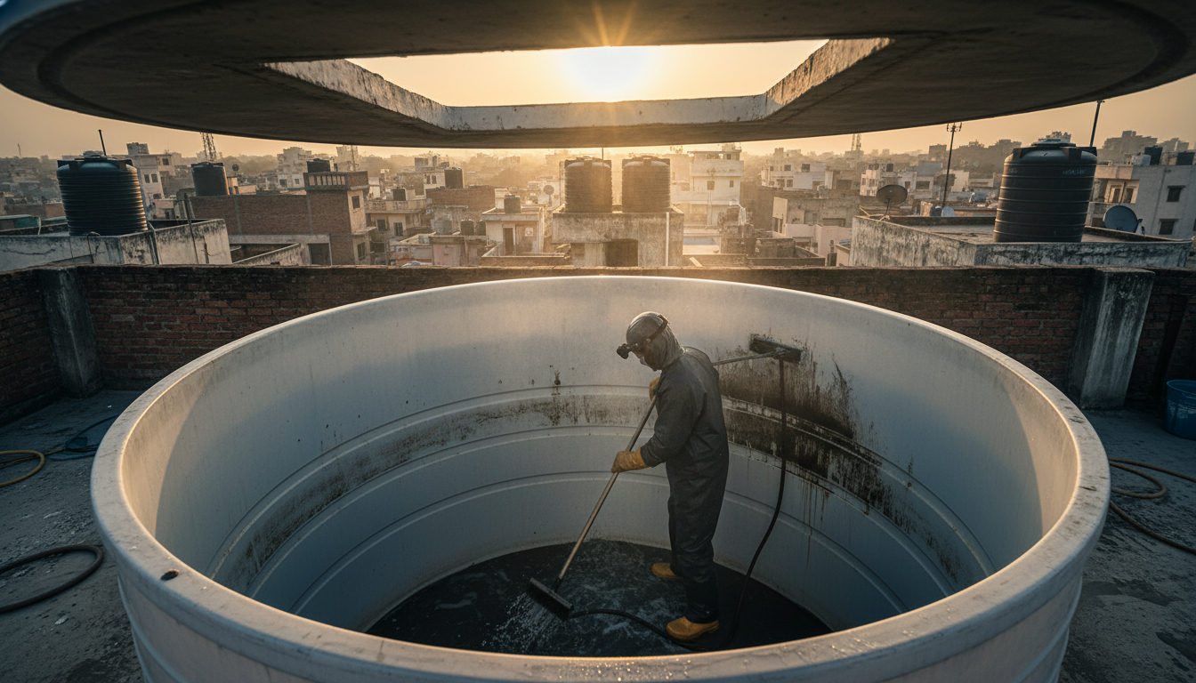 A professional water tank cleaning technician scrubbing the interior of an overhead tank on a Delhi rooftop