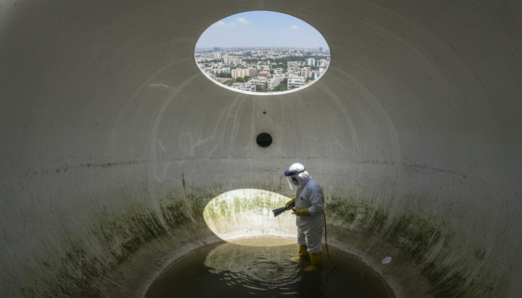 editorial a water tank cleaning technician in Delhi, wearing protective gear, inspecting the inside of a large white…