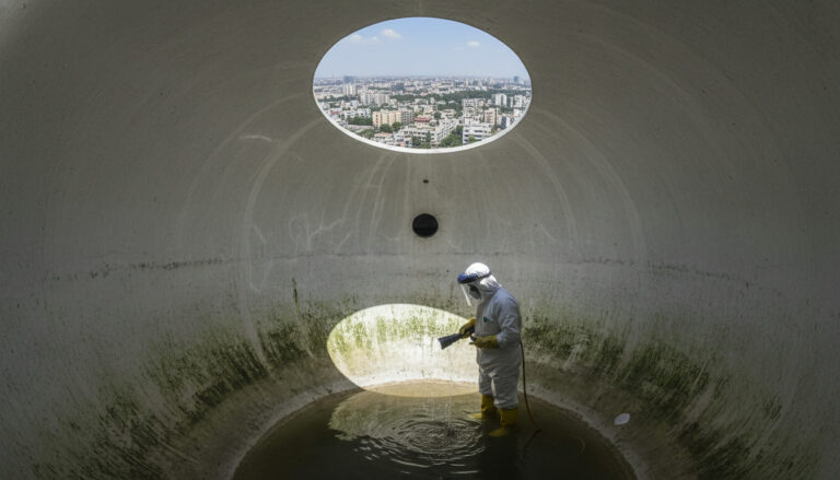 editorial a water tank cleaning technician in Delhi, wearing protective gear, inspecting the inside of a large white…