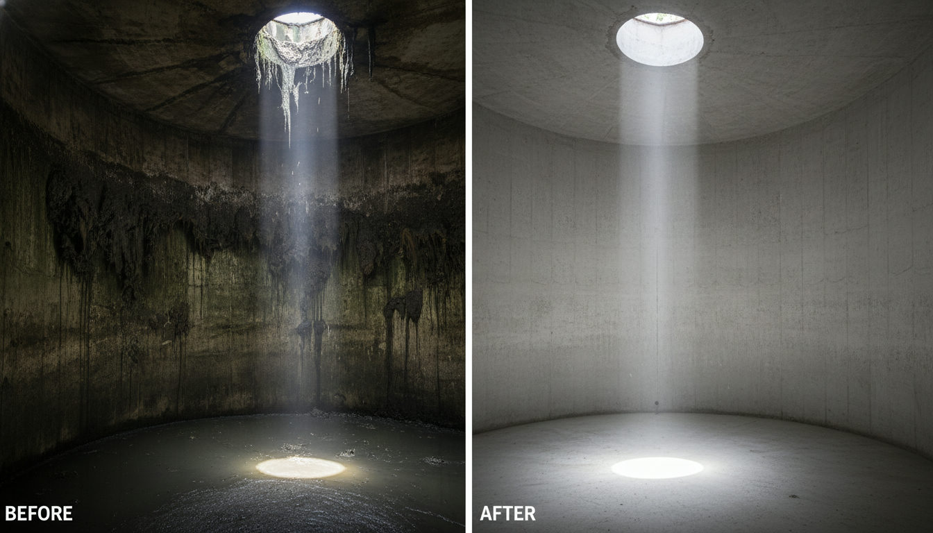 A Delhi water tank before and after professional cleaning, showing thick sludge removed from walls and a clean white interior