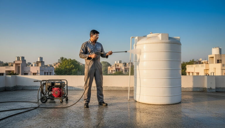 wide a uniformed technician on a sunlit Delhi rooftop, working on a large white polyethylene overhead water storage tank,…