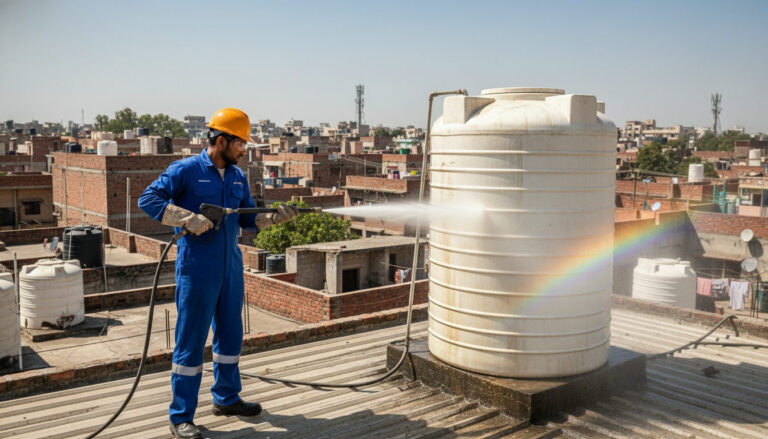 editorial a uniformed technician on a rooftop in Delhi using high-pressure cleaning equipment to clean a white overhead…