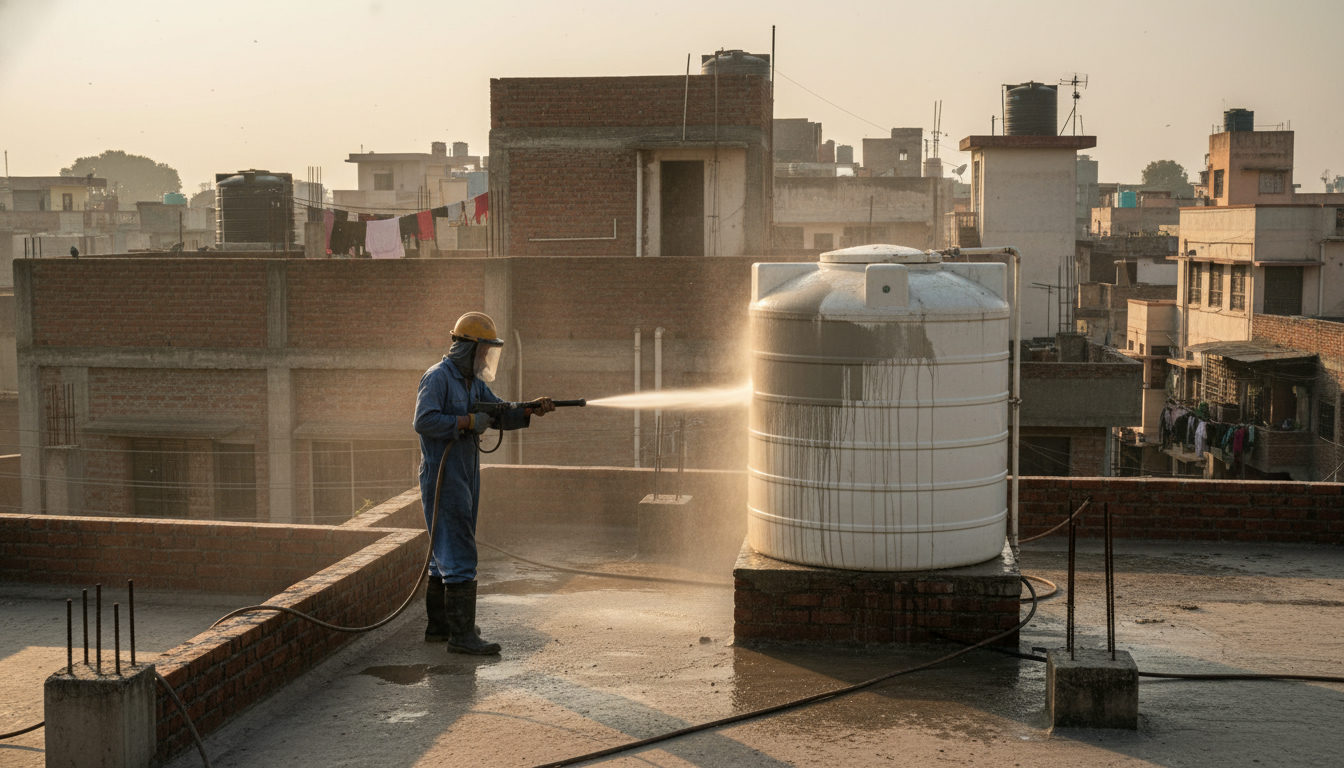 A technician in Delhi using high-pressure equipment to clean an overhead water tank on a residential rooftop