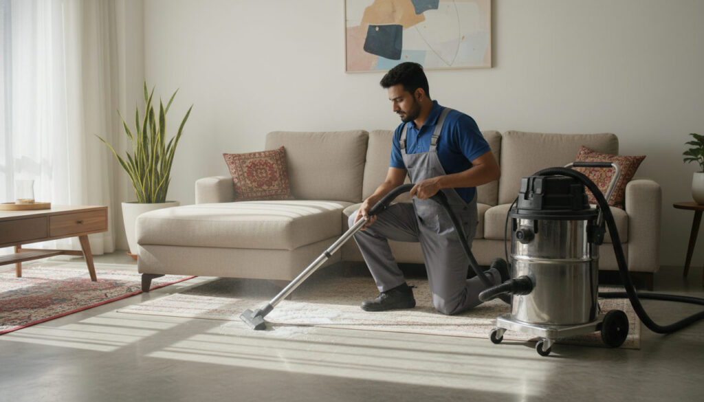 editorial a home service technician in a clean uniform using a commercial wet vacuum extraction machine on a large beige…