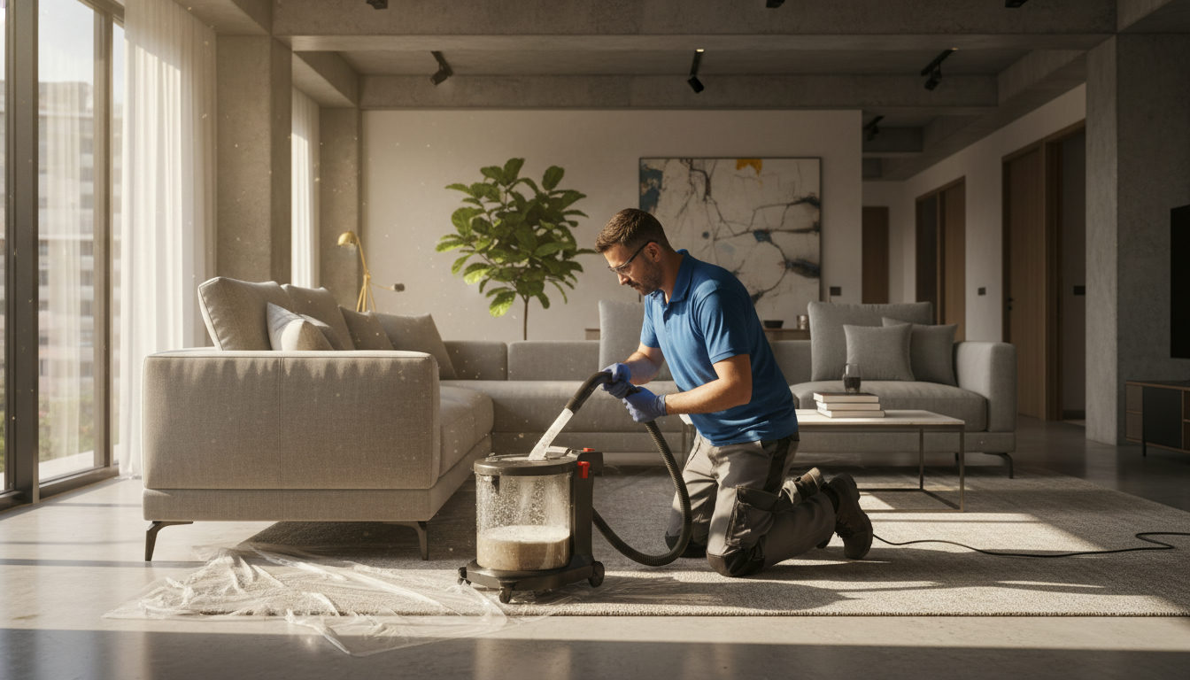 A professional sofa cleaner using a wet vacuum machine on a fabric sofa in a Surat apartment living room