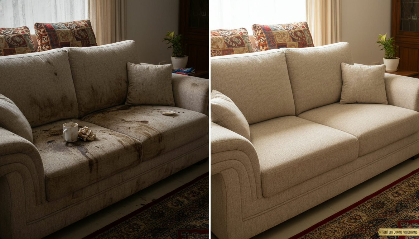 Before and after split image of a stained fabric sofa and the same sofa after professional deep cleaning in Surat