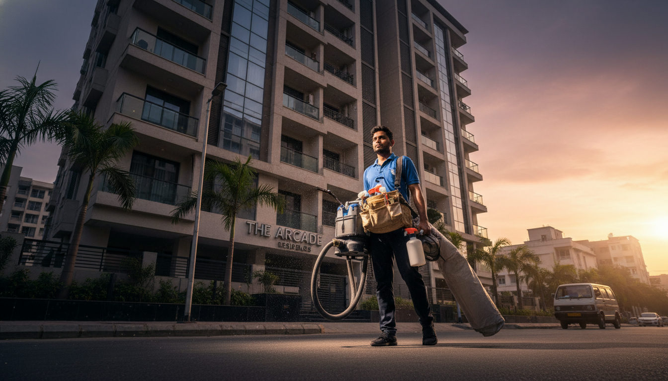 A sofa cleaner arriving at an Adajan apartment building in Surat with cleaning equipment and a spray machine