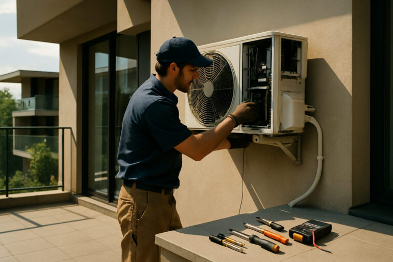 editorial a technician servicing a split AC unit on the exterior wall of a modern apartment in Chandigarh, tools laid out…