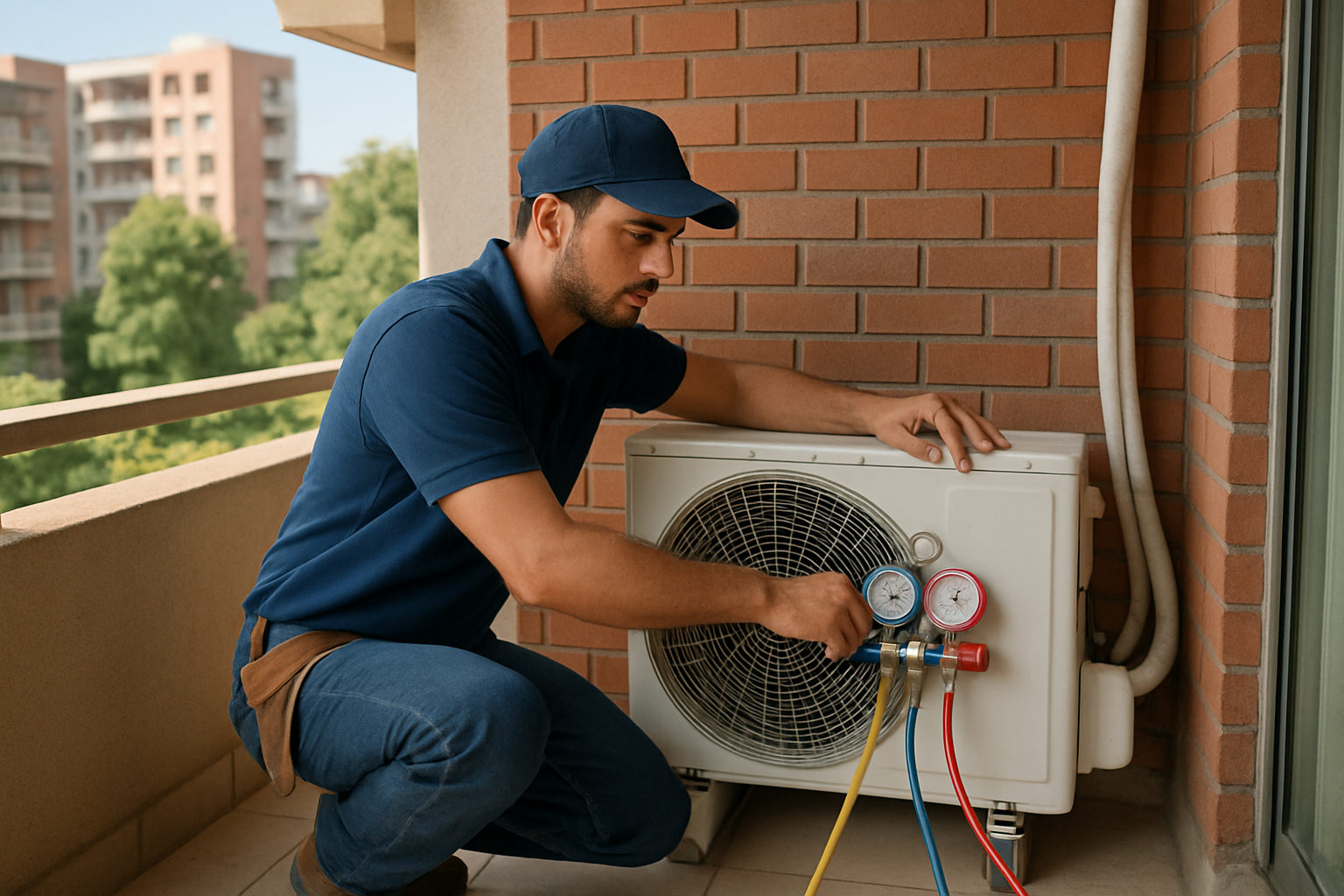 AC technician servicing a split AC outdoor unit on a Chandigarh apartment balcony in summer