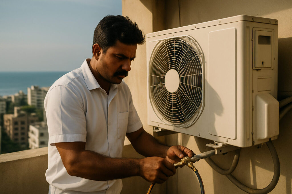 editorial a AC technician in a white uniform servicing a split air conditioner outdoor unit on a Chennai apartment balcony,…