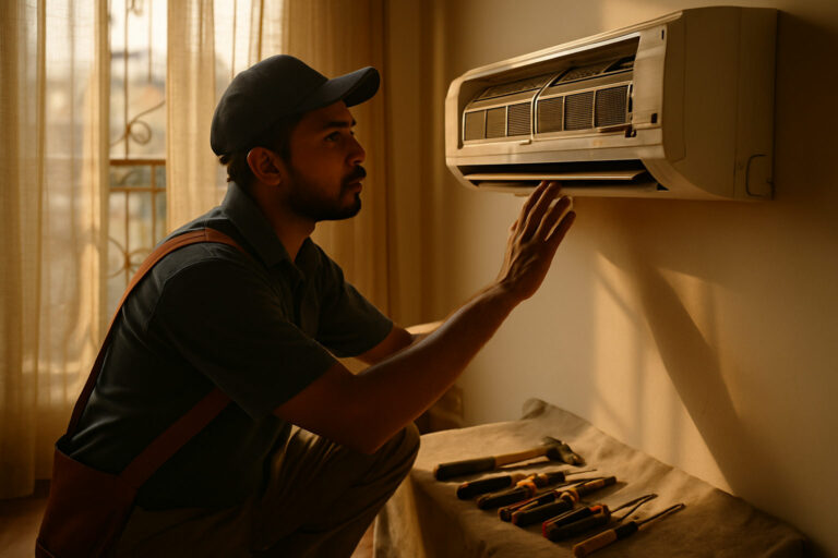 editorial an AC technician in a Delhi apartment carefully inspecting a wall-mounted split air conditioner indoor unit,…