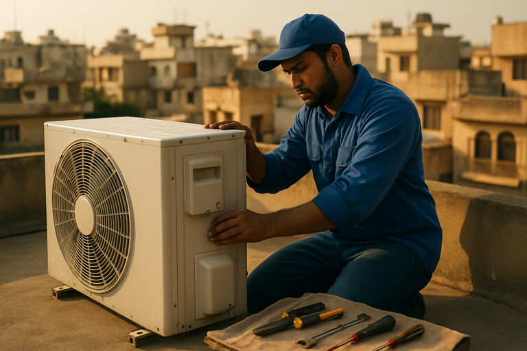 editorial an AC technician in a blue uniform inspecting a split AC outdoor unit mounted on a rooftop terrace in an Indian…