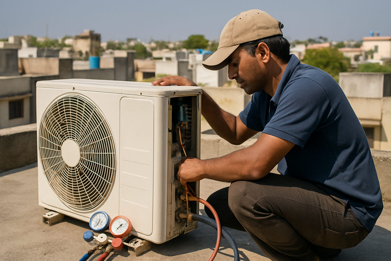 AC technician repairing a split AC outdoor unit on a rooftop in Vijay Nagar, Indore during summer