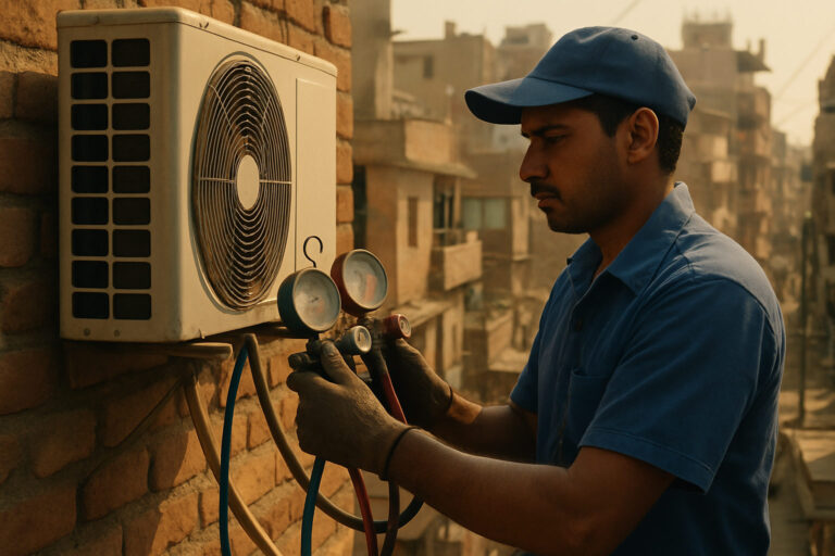 editorial an AC technician in a blue uniform using a pressure gauge on an outdoor split AC unit mounted on a sun-baked…