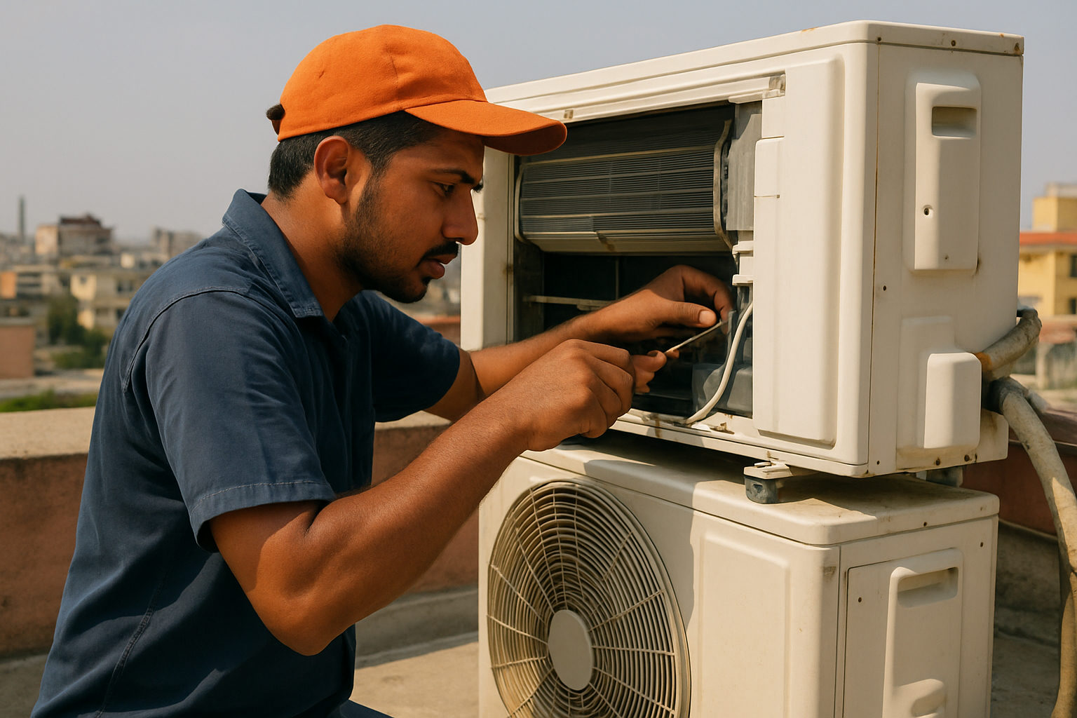 AC technician servicing a split AC unit on a rooftop in Patna during summer