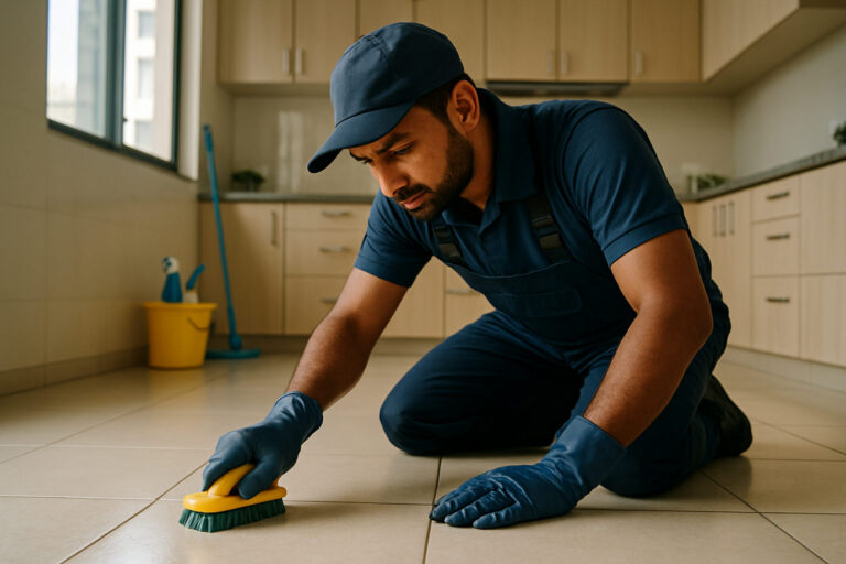 editorial a cleaning technician in a clean uniform scrubbing tile grout in a bright modern Indian apartment kitchen in…