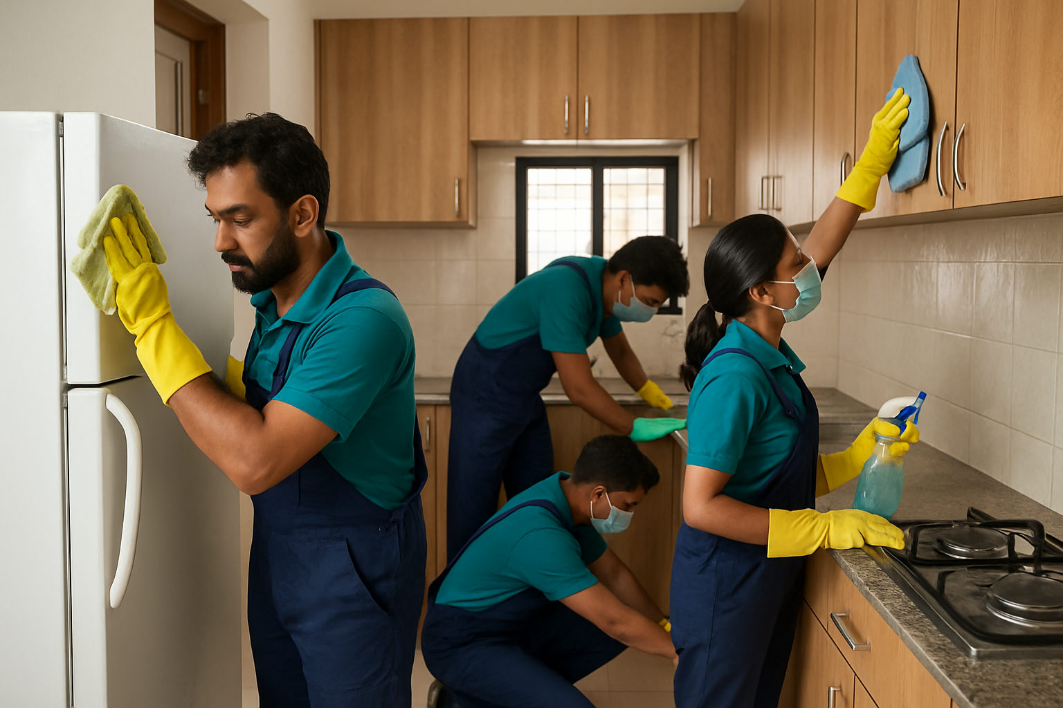 Professional deep cleaning team cleaning a kitchen in a Bhopal apartment, wiping behind appliances