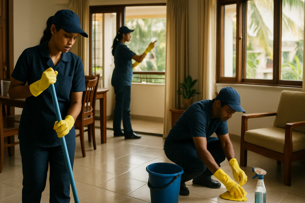 editorial a cleaning team in uniform deep cleaning a bright modern Kerala apartment interior in Kochi, with tiled floors,…